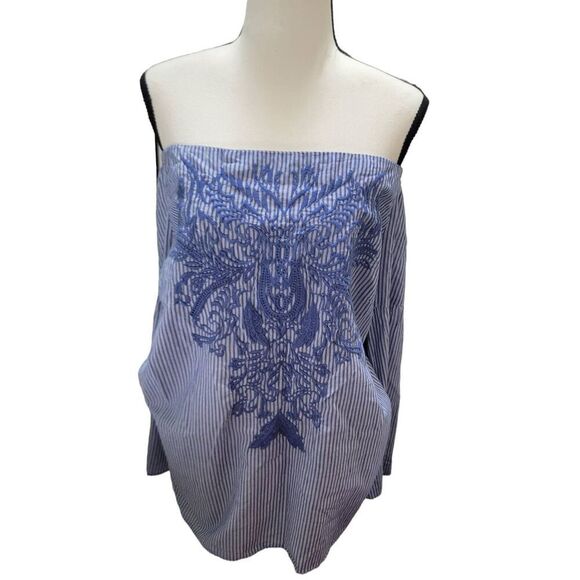 INC International Concepts Sweet Meadow Striped Embroidered Casual Top Sz 1X Blu - Picture 2 of 5